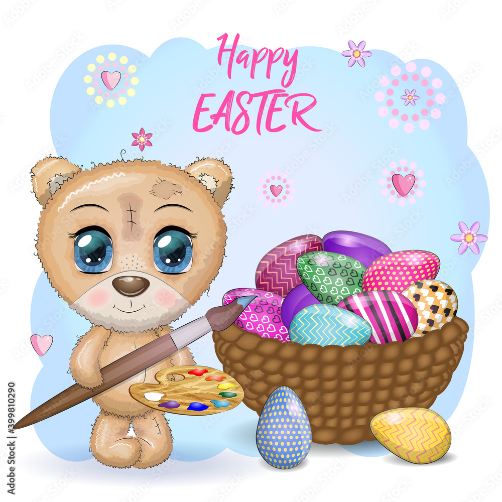 Obraz premium Cute bear with a brush and an ornate egg, phrase Happy Easter. Easter eggs, branches with leaves, flowers