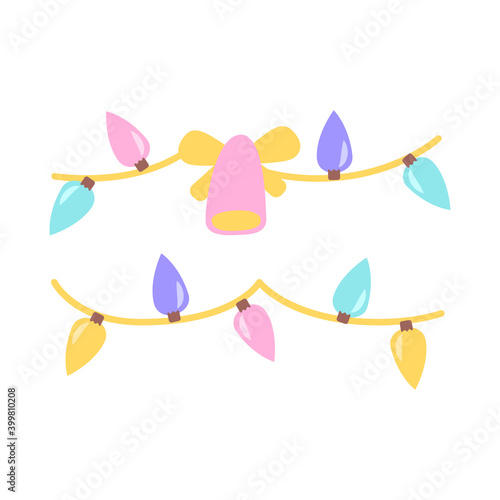 Christmas garland with bell flat vector abstract element. Xmas lights. New Year decoration RGB color clipart. Winter season adornment. Wintertime wreath isolated organic shape on white background