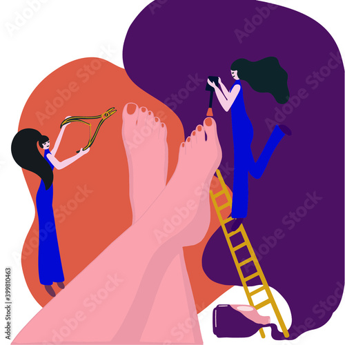 Hand drawn conceptual illustration of woman pedicure. 