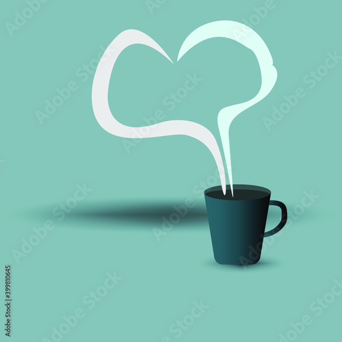 Hot coffee mug with heart sign smoke  love coffee concept.