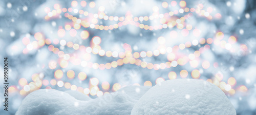 Abstract Christmas Tree Backgound With Snow Bokeh Lights And Snowdrift