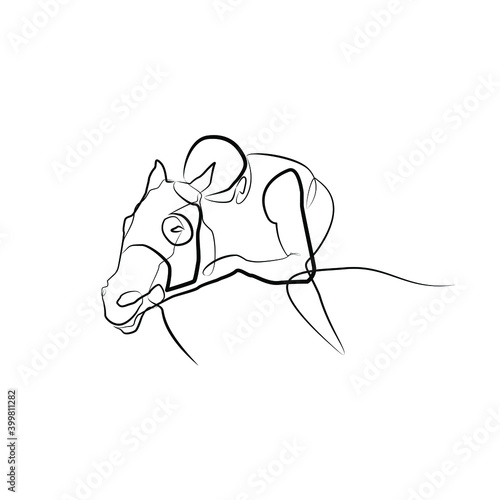 Jockey on a horseback drawn by one line. Black line vector illustration on white background
