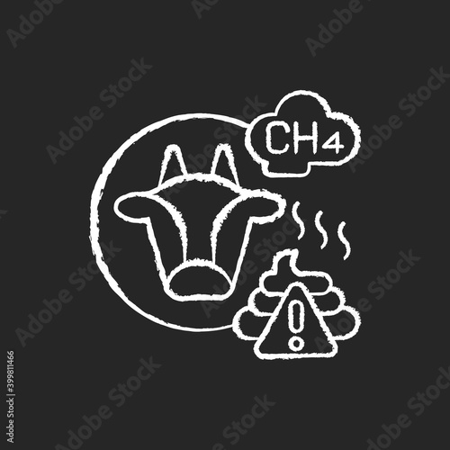 Farming livestock chalk white icon on black background. People damaging earth atmosphere. Toxic waste killing whole planat. Global environment issue. Isolated vector chalkboard illustration