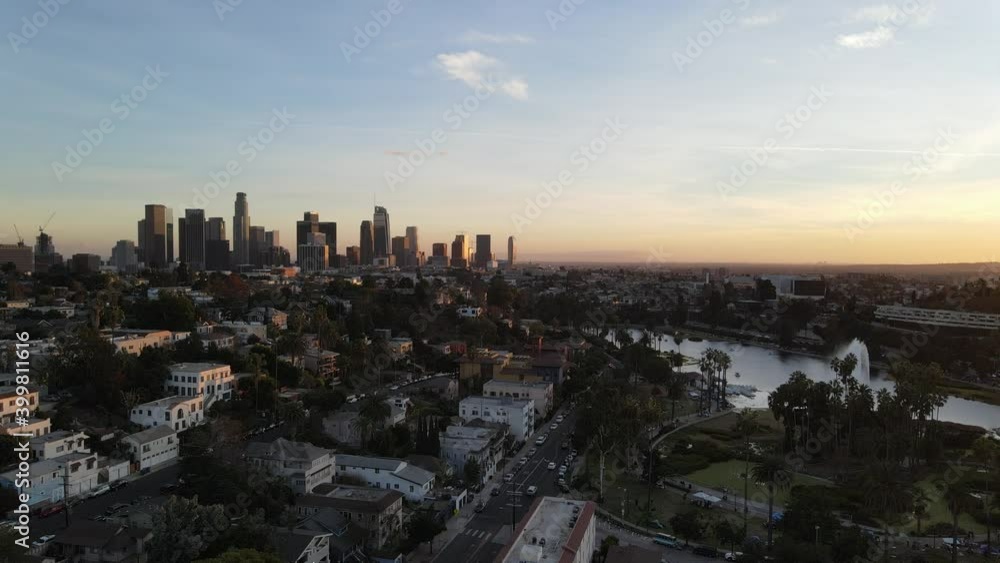 Echo Park Lake with view of downtown Los Angeles 