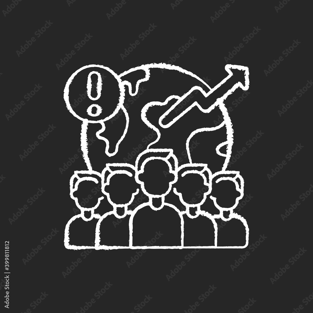 Overpopulation chalk white icon on black background. Population rises ...