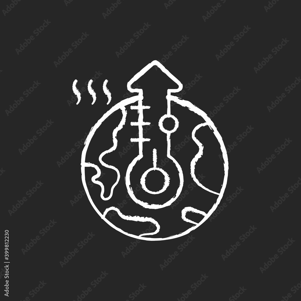 Global warming chalk white icon on black background. Long term heating of earths climate. Greenhose gases level rise. Harmful human activity for planet. Isolated vector chalkboard illustration Global warming chalk white icon on black background. Long term heating of earths climate. Greenhose gases level rise. Harmful human activity for planet. Isolated vector chalkboard illustration