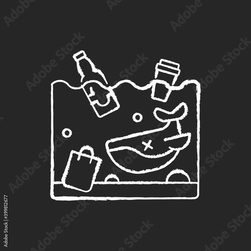 Ocean pollution chalk white icon on black background. Harmful chemicals in water bodies. Residential waste from big factories. Creating climate problems. Isolated vector chalkboard illustration