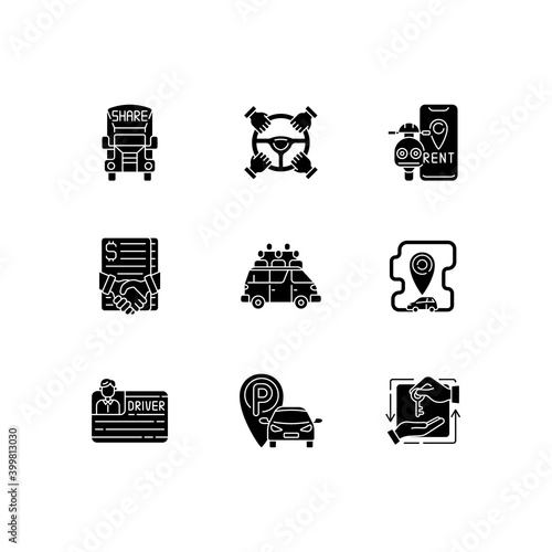 Car sharing and rental service black glyph icons set on white space. Getting cars and trucks for long or short term from another people. Silhouette symbols. Vector isolated illustration