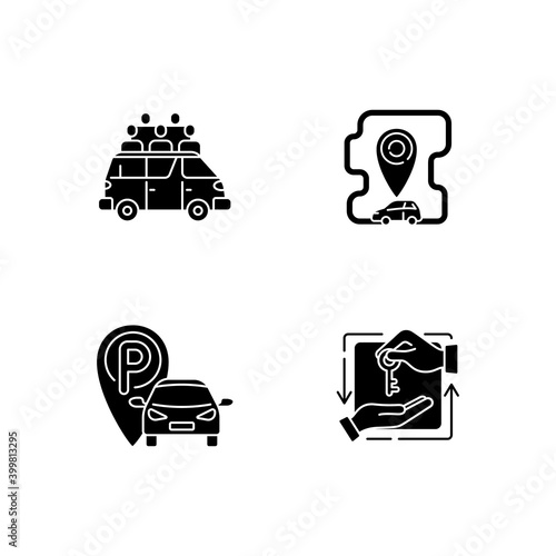 Car sharing and rental service black glyph icons set on white space. Share taxi services for many people. Roundtrip carsharing facility. Silhouette symbols. Vector isolated illustration