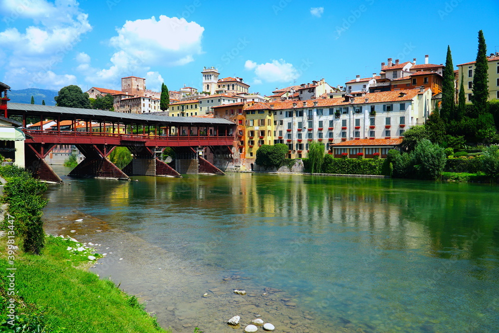 Obraz premium Bassano del Grappa is a city in northern Italy’s Veneto region, Italy. The Old Bridge also called the Bassano Bridge or Bridge of the Alpini is considered one of the most picturesque bridges in Italy.