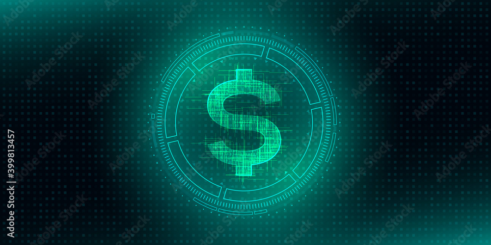 Digital currency USA dollar sign on abstract HUD technology background. Futuristic hi-tech digital money.Electronic economy of the future. Vector illustration