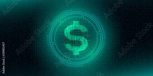 Digital currency USA dollar sign on abstract HUD technology background. Futuristic hi-tech digital money.Electronic economy of the future. Vector illustration photo