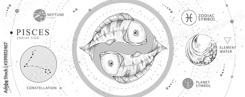 Modern magic witchcraft card with astrology Pisces zodiac sign. Realistic hand drawing koi fish illustration. Zodiac characteristic