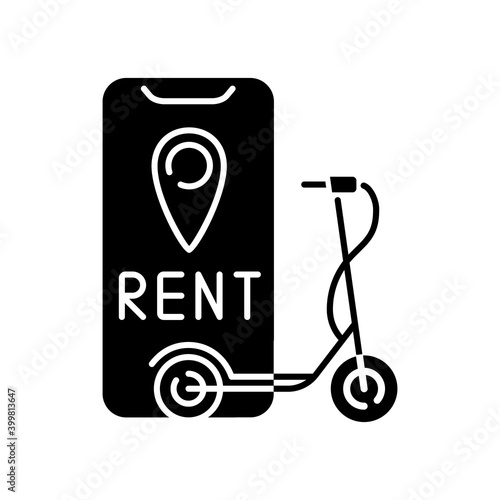 Electric scooter rental black glyph icon. Service in which electric motorized scooters are made available to use for short term rentals. Silhouette symbol on white space. Vector isolated illustration