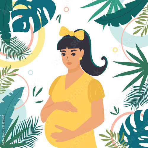 Pregnant girl among palm leaves. Flat vector illustration in cartoon style. Pregnancy health and care concept