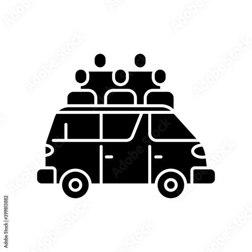 Share taxi black glyph icon. Mode of transport which falls between taxicab and bus. Vehicles that help people to reach their work places. Silhouette symbol on white space. Vector isolated illustration