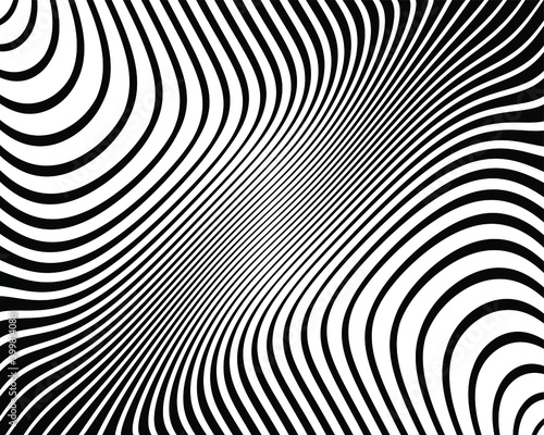 Line art optical art. Psychedelic background. Monochrome background. Optical illusion style. Black dark background. Modern pattern. Abstract graphic texture. Graphic ornament. Vector template