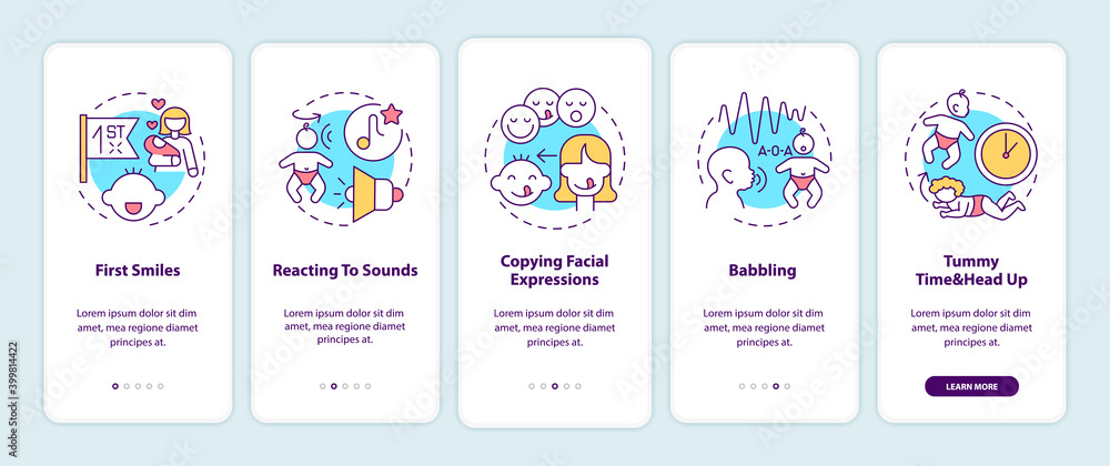 Baby early sensory development onboarding mobile app page screen with concepts. Toddler ability. Infancy walkthrough 5 steps graphic instructions. UI vector template with RGB color illustrations Baby early sensory development onboarding mobile app page screen with concepts. Toddler ability. Infancy walkthrough 5 steps graphic instructions. UI vector template with RGB color illustrations