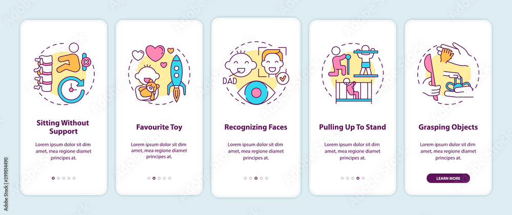 Early child development onboarding mobile app page screen with concepts. Baby abilities and skills walkthrough 5 steps graphic instructions. UI vector template with RGB color illustrations