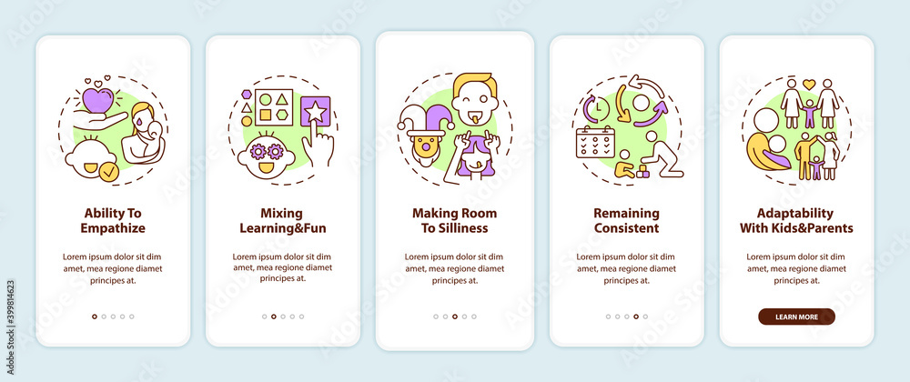 Baby learn and play onboarding mobile app page screen with concepts. Emotional development. Parenthood walkthrough 5 steps graphic instructions. UI vector template with RGB color illustrations Baby learn and play onboarding mobile app page screen with concepts. Emotional development. Parenthood walkthrough 5 steps graphic instructions. UI vector template with RGB color illustrations