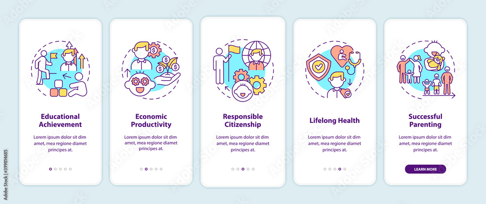 Childhood development onboarding mobile app page screen with concepts. Personal responsibility growing up walkthrough 5 steps graphic instructions. UI vector template with RGB color illustrations