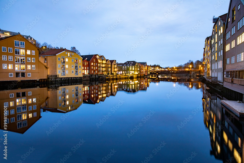 Early morning by the Nidelven - Old sea house - Warehouse by the river in Trondheim city,Trøndelag county,Norway,scandinavia,Europe