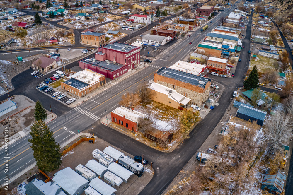 Aerial View of the tiny town of Eureka, Nevada on Highway 50