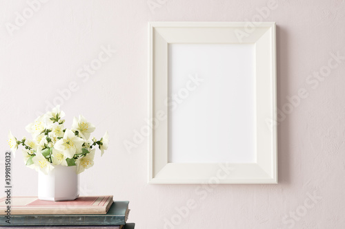 Home interior poster mock up with horizontal white frame on pink wall, decorative jar with plant, old books. 3D rendering. 3D Illustration