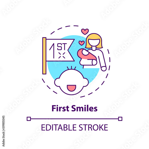 First smiles concept icon. Baby facial expression. Newborn emotion. Family care. Early childhood development idea thin line illustration. Vector isolated outline RGB color drawing. Editable stroke