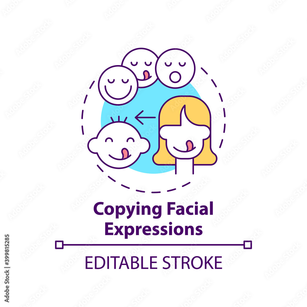 Copying facial expressions concept icon. Baby mimicking emotion. Early childhood development idea thin line illustration. Vector isolated outline RGB color drawing. Editable stroke Copying facial expressions concept icon. Baby mimicking emotion. Early childhood development idea thin line illustration. Vector isolated outline RGB color drawing. Editable stroke