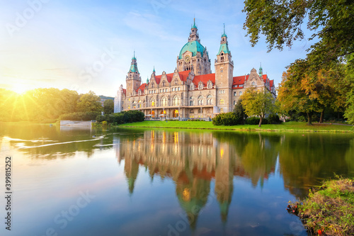 New Town Hall reflecting in water in Hanover, Germany