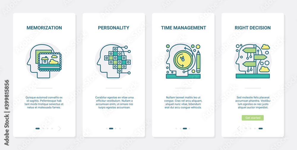 Time management, personalization, brainstorm vector illustration. UX, UI onboarding mobile app page screen set with line human brain, intelligence memory mind process, right choice business experience