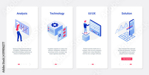Data analysis smart solutions vector illustration. UX, UI onboarding mobile app page screen set with line service report, analyzing technology for business process, account database optimization