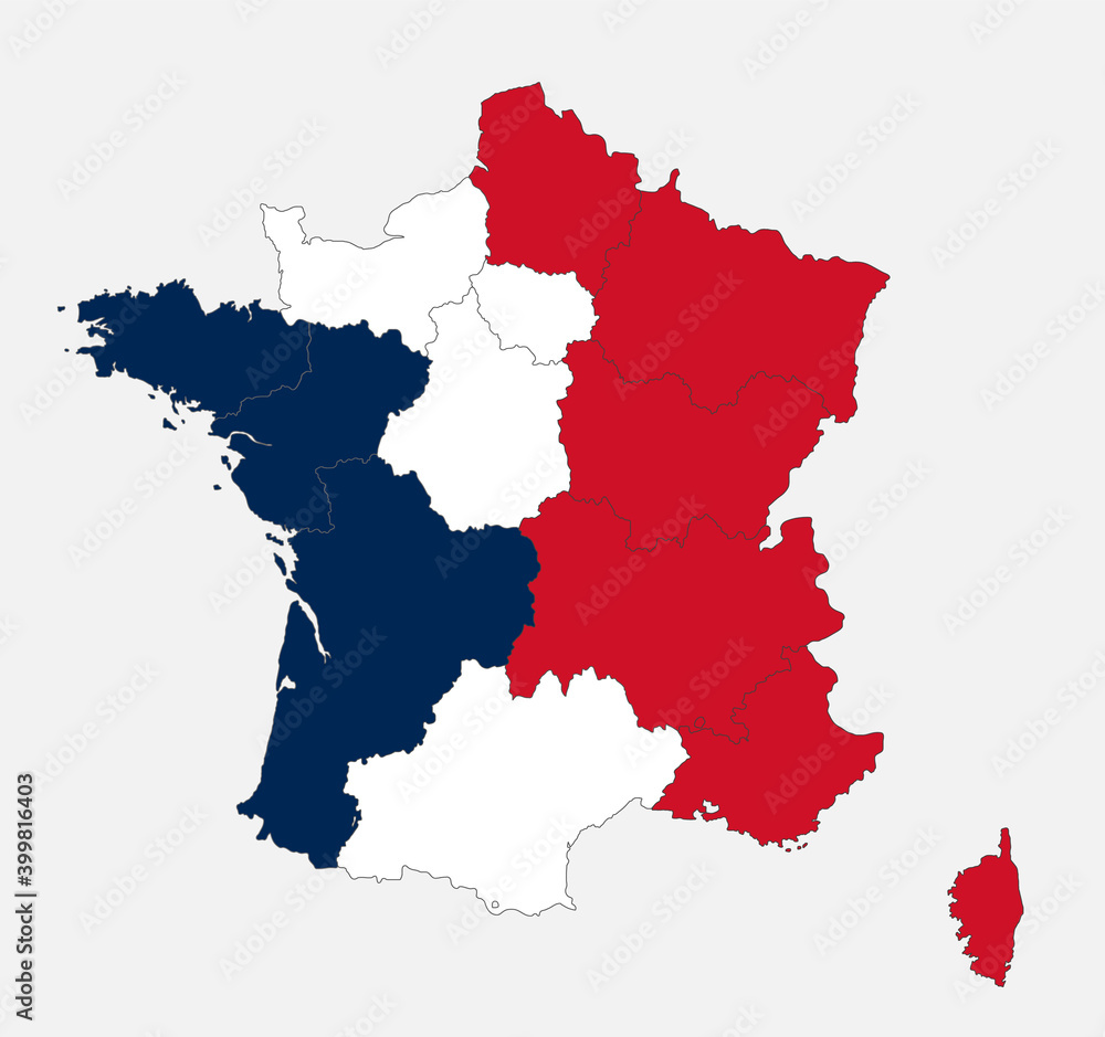 Map of the France in the colors of the flag with administrative divisions blank