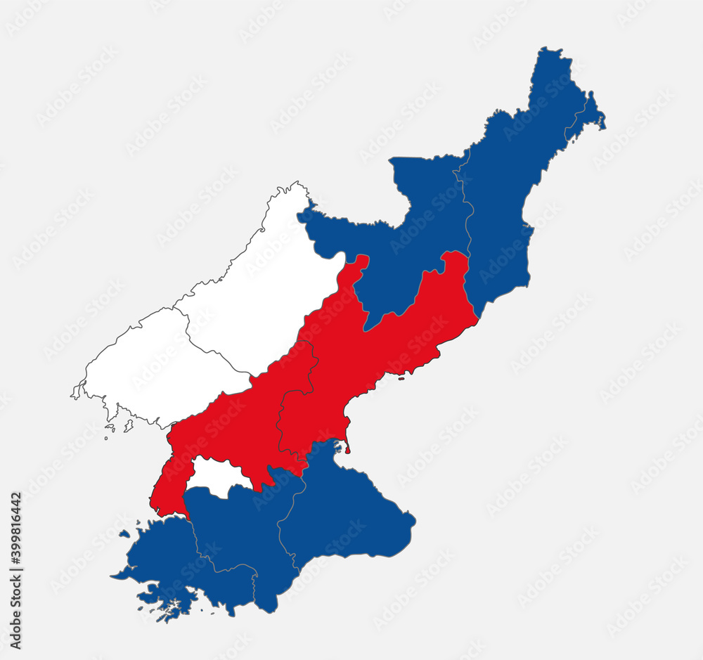 Map of the North Korea  in the colors of the flag with administrative divisions blank