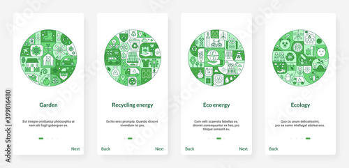 Eco friendly recycling energy, ecology environment circle vector illustration. UX, UI onboarding mobile app page screen environmental set with line ecological technology, green energy to save Earth