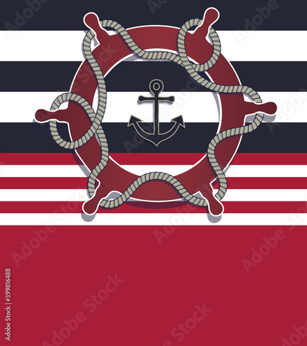 Nautical design card with rudder and rope as lifebuoy blank