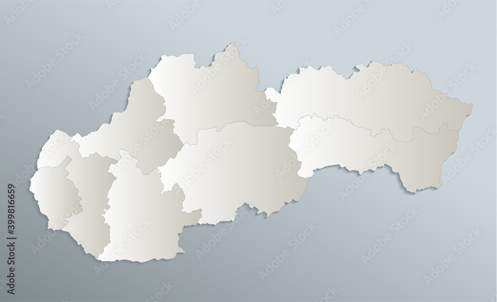 Slovakia map, administrative division Slovak Republic, blue white card paper 3D blank