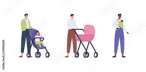 Parent with child in stroller and sling. Vector flat people illustration set. Group of male with kid on hand or pram. African american, caucasian, asian ethic person. Concept of father love and care
