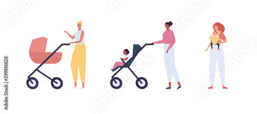 Parent with child in stroller and sling. Vector flat people illustration set. Group of female hold kid on hand or pram. African  caucasian  hispanic ethic person. Concept of mother love and care