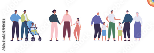 Lgbt family with child concept. Vector flat people illustration set. Gay man parents with kid and grandparent. African american and mixed ethic person. Boy and girls. Concept of father love and care