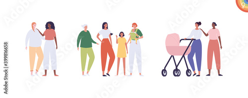 Lgbt family with child concept. Vector flat people illustration set. Lesbian woman parents with girl and grandmother. African american and mixed ethic person. Concept of mother love and care