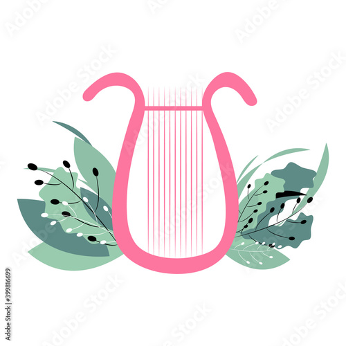 Pink lyre with leaves in the background. A romantic musical instrument as an element of valentine's day. Vector flat illustration