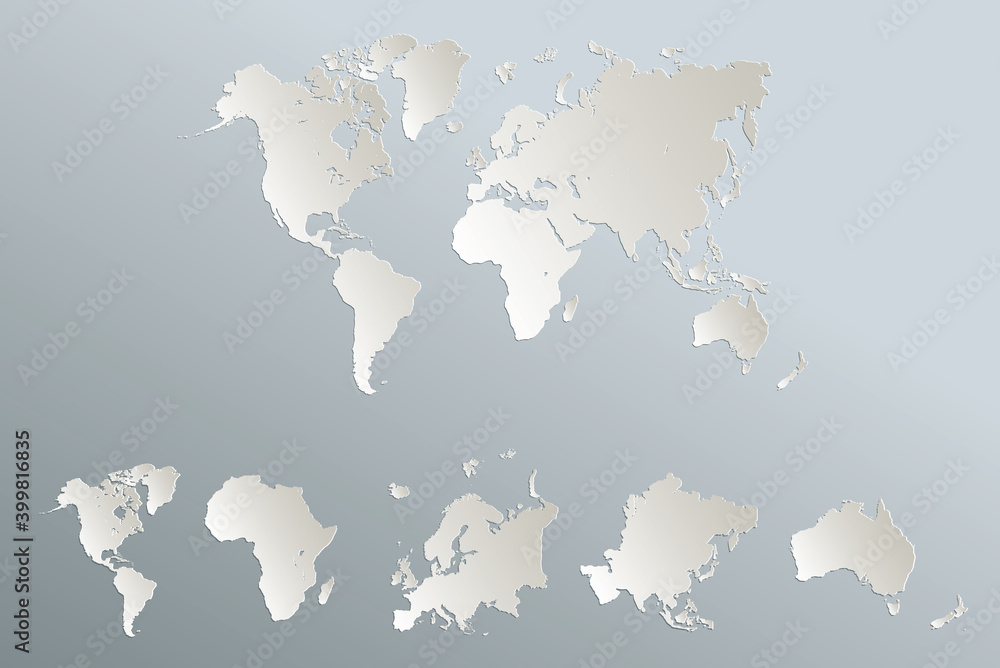Obraz premium World continents map, America, Europe, Africa, Asia, Australia, blue white card paper 3D blank
