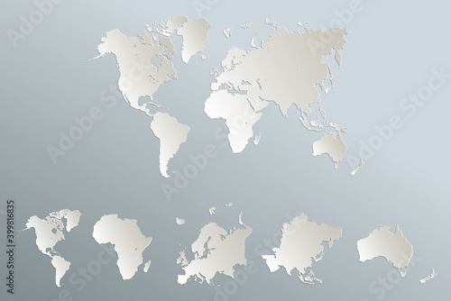 World continents map, America, Europe, Africa, Asia, Australia, blue white card paper 3D blank