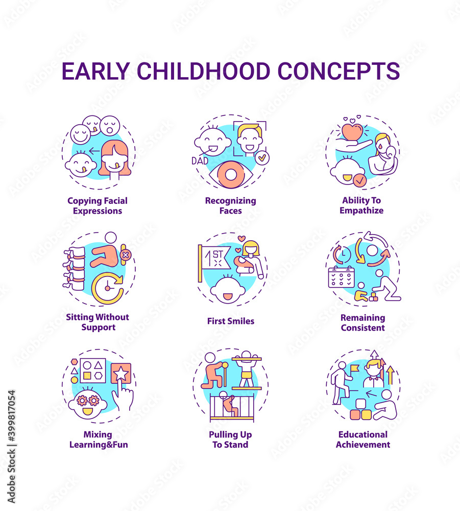 Early childhood development concept icons set. Developmental milestones. Baby growth. Childcare idea thin line RGB color illustrations. Vector isolated outline drawings. Editable stroke