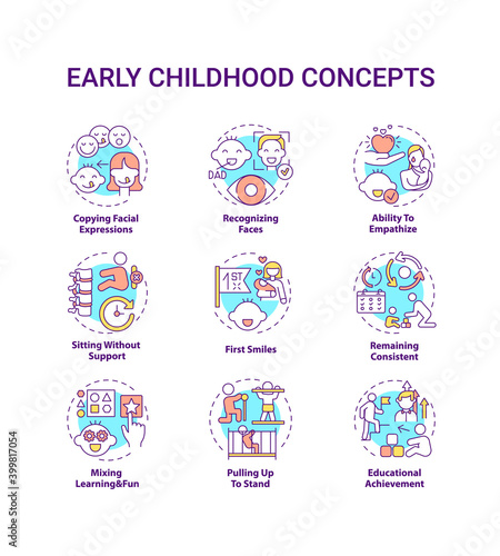 Early childhood development concept icons set. Developmental milestones. Baby growth. Childcare idea thin line RGB color illustrations. Vector isolated outline drawings. Editable stroke