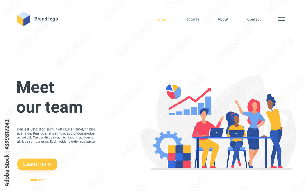 Website landing page creative design with cartoon flat businessman and businesswoman corporate team meeting in office, working together on profit growth. Business people teamwork vector illustration