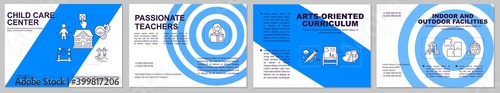 Child care center brochure template. Child-centered activities. Flyer, booklet, leaflet print, cover design with linear icons. Vector layouts for magazines, annual reports, advertising posters