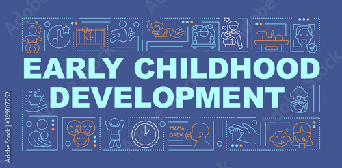 Early childhood development word concepts banner. Child behaviors and physical skills. Infographics with linear icons on blue background. Isolated typography. Vector outline RGB color illustration